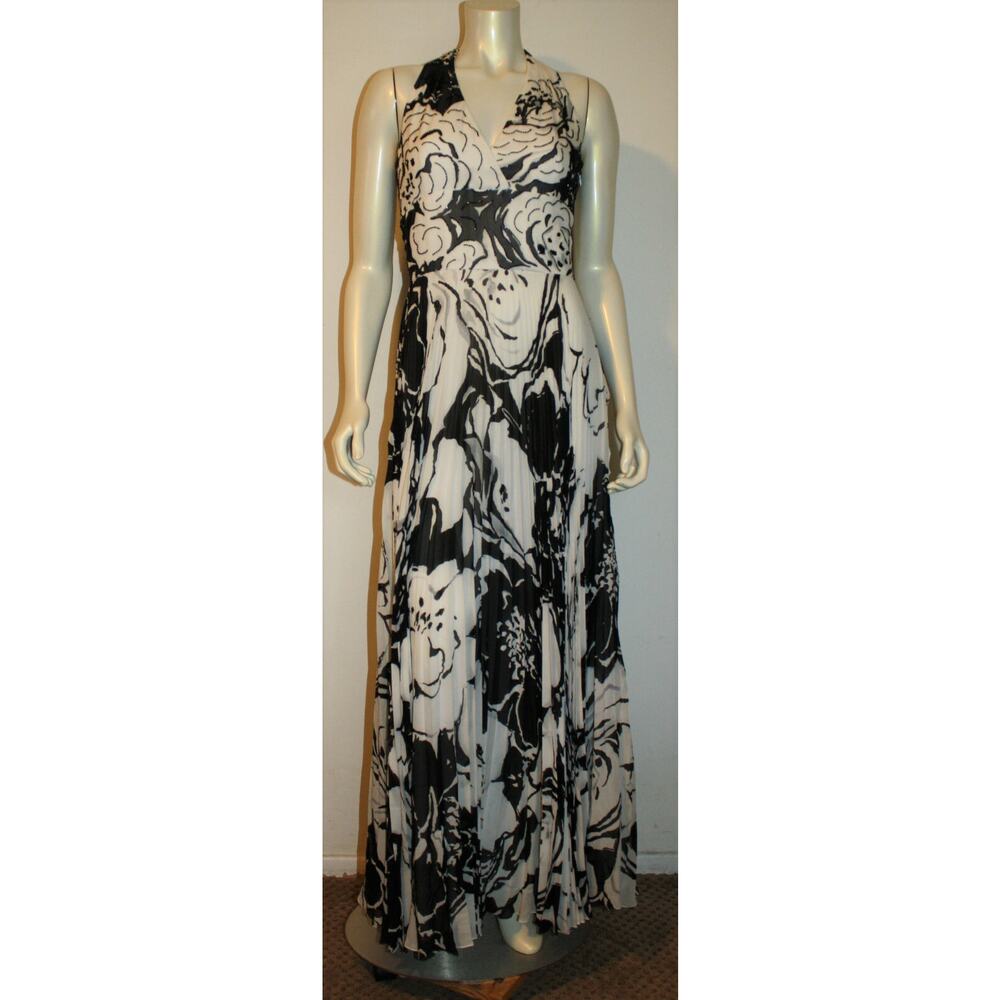 Kay Unger Beaded Long Maxi Dress 6 Black White Silk Halter Pleated Skirt